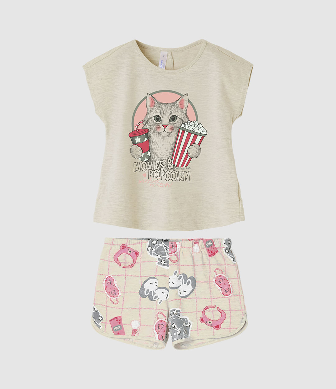 Pijama Curto Infantil Menina Shorts Estampado Barra Arredondada Malwee Kids - Cinza - 8