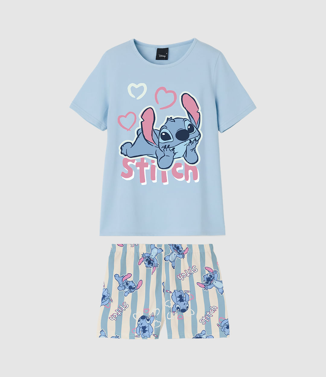 Pijama Curto Infantil Menina Stitch Shorts Listrado Em Algodão Malwee Kids - Azul - 12