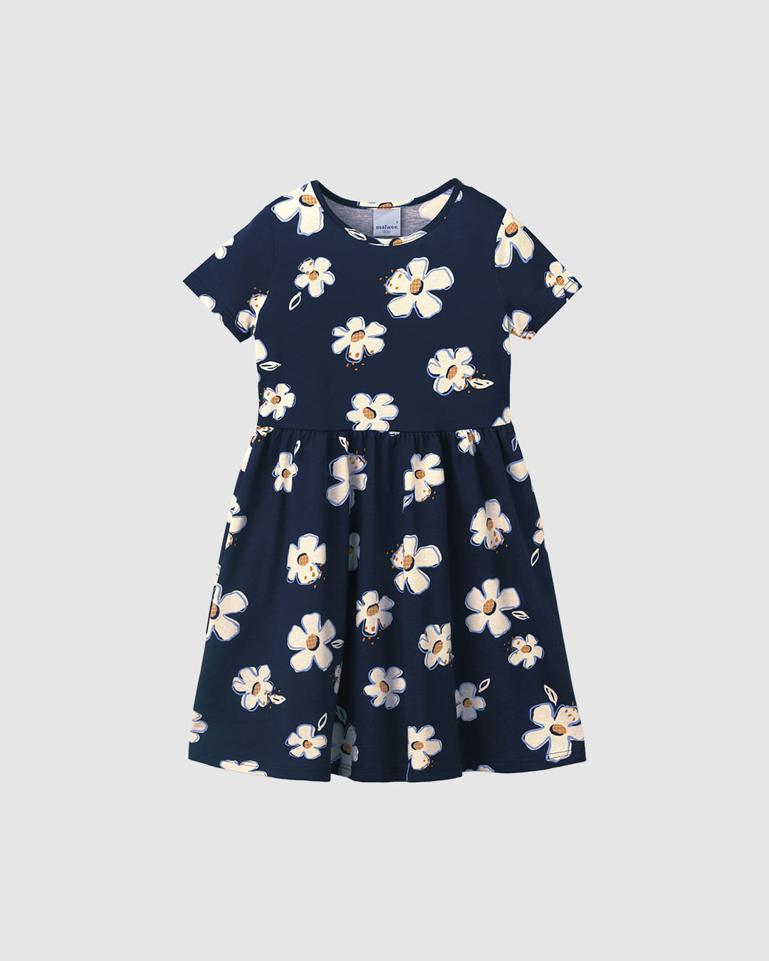 Vestido Infantil Evasê Manga Curta Estampado Em Algodão Malwee Kids - Azul - 4