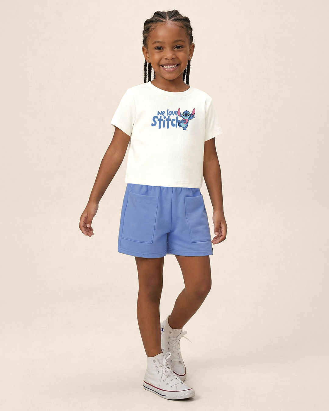 Conjunto Infantil Menina Blusa We Love Stitch E Shorts Malwee Kids - Off White - 8
