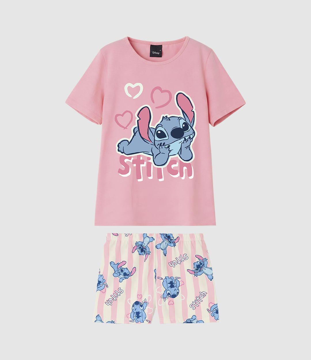 Pijama Curto Infantil Menina Stitch Shorts Listrado Em Algodão Malwee Kids