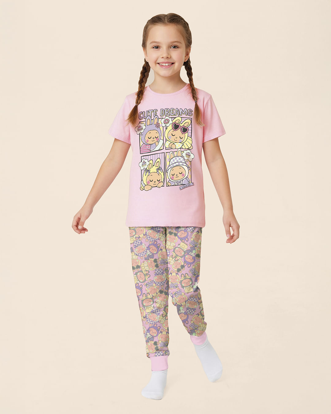 Pijama Longo Infantil Menina Blusa Cute Dreams Em Algodão Malwee Kids - Rosa - 4