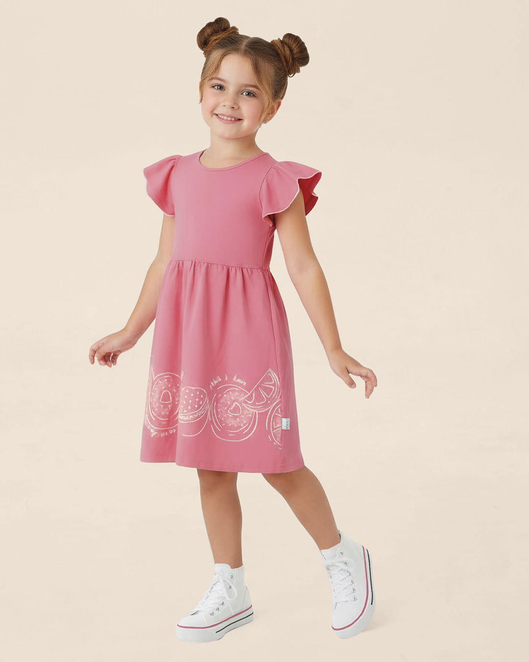 Vestido Infantil Manga Babado Estampa Puff Em Algodão Malwee Kids