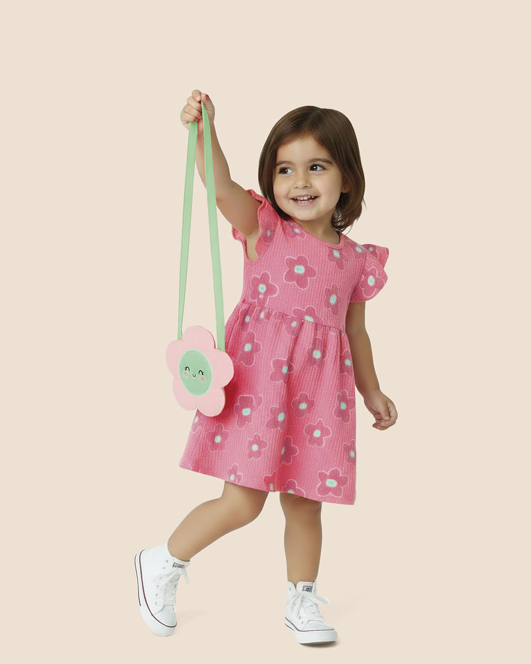 Vestido Infantil Estampa Flor Acompanha Bolsa Em Malha Texturizada Malwee Kids - Rosa - 1
