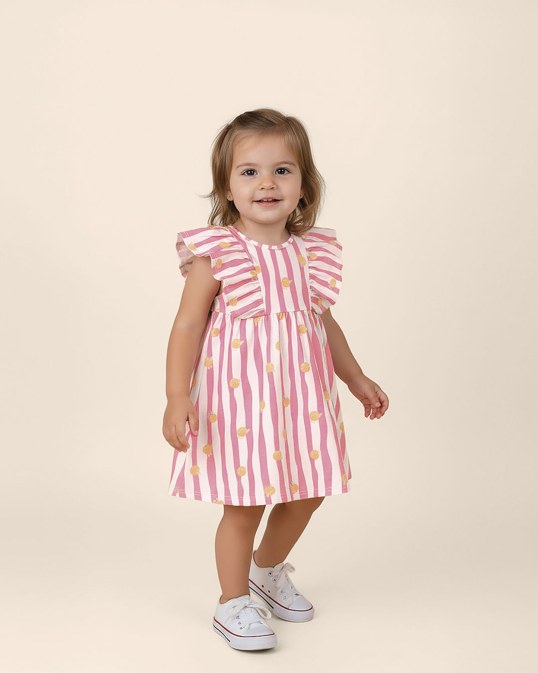 Vestido Infantil Babados Estampa Listrada E Frutas Em Algodão Malwee Kids