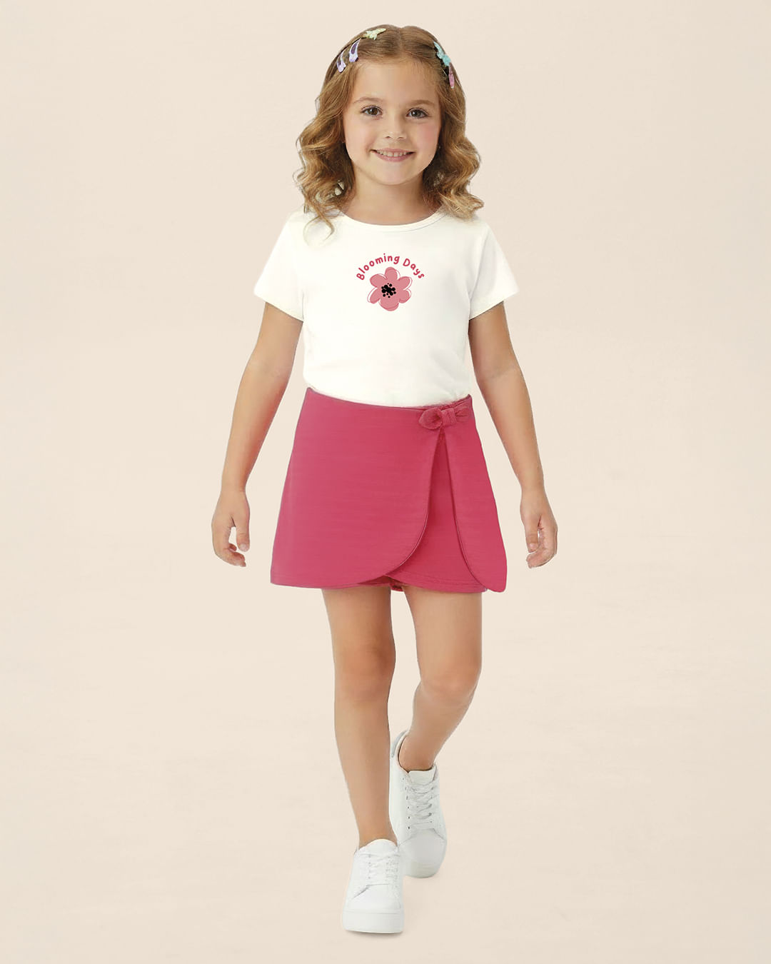 Conjunto Infantil Menina Blusa Blooming Days E Shorts Saia Malwee Kids - Off White - 8