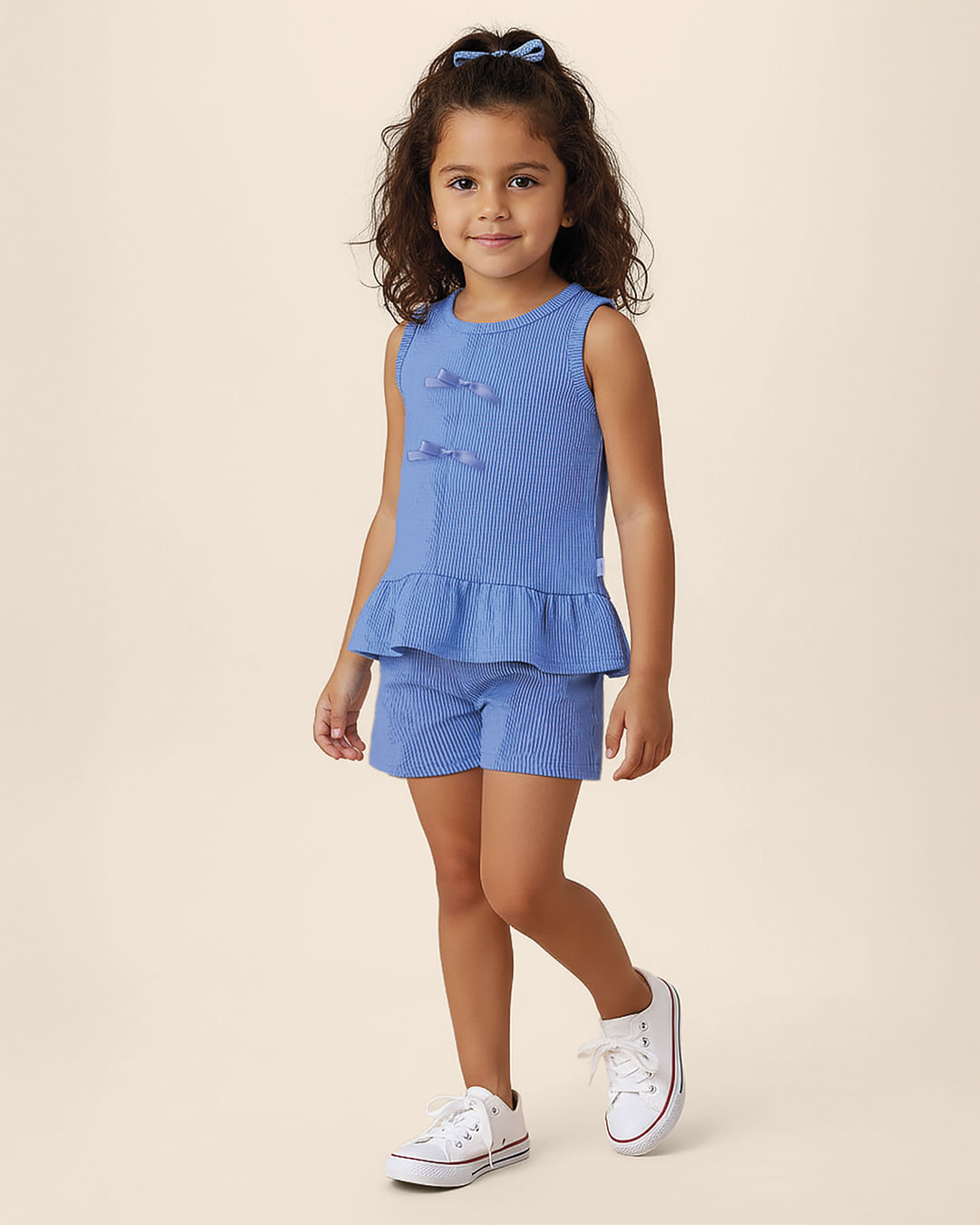 Conjunto Infantil Menina Detalhe Aplique Laço Em Malha Canelada Malwee Kids - Azul - 10