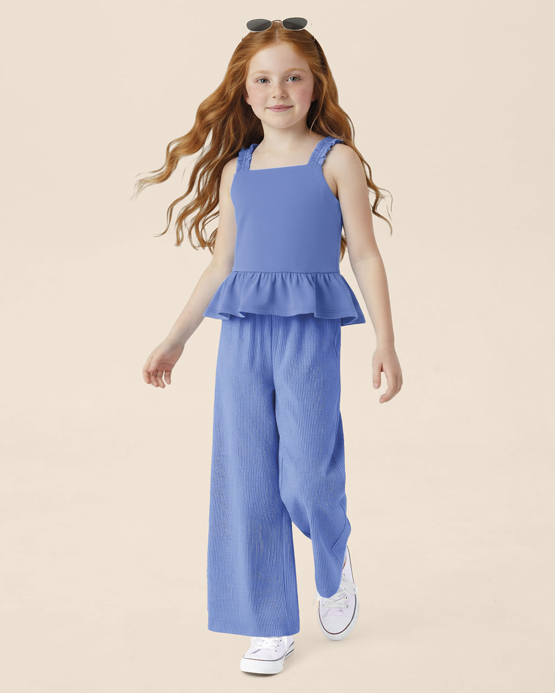 Conjunto Infantil Menina Regata E Calça Wide Leg Malha Canelada Malwee Kids - Azul - 10