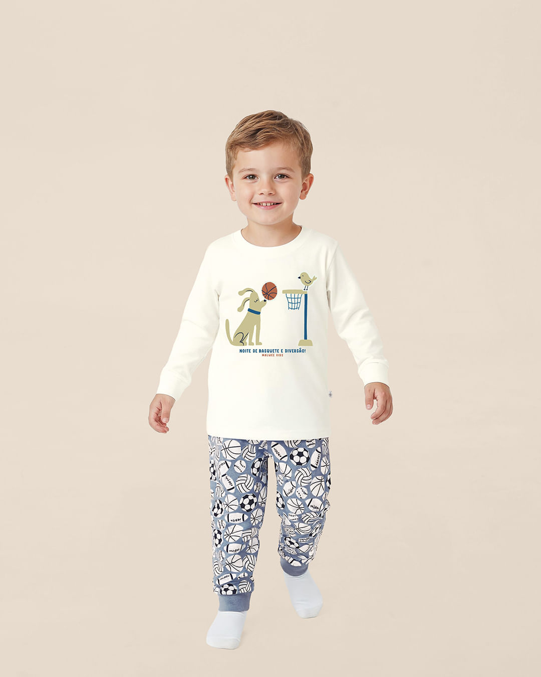 Pijama Longo Infantil Menino Noite De Basquete E Diversão! Malwee Kids - Off White - 6