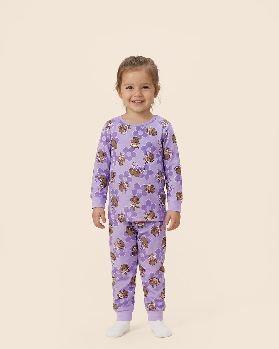 Pijama Infantil Menina Manga Longa Com Punho Em Algodão Malwee Kids