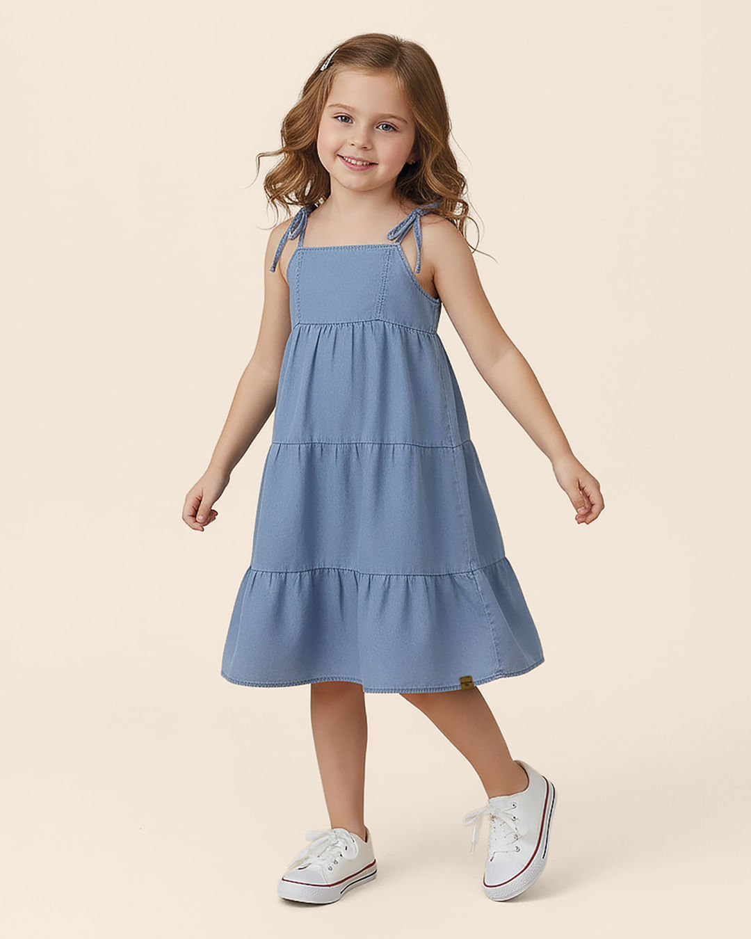 Vestido Infantil Midi Marias Alça De Amarrar Em Jeans Leve Malwee Kids