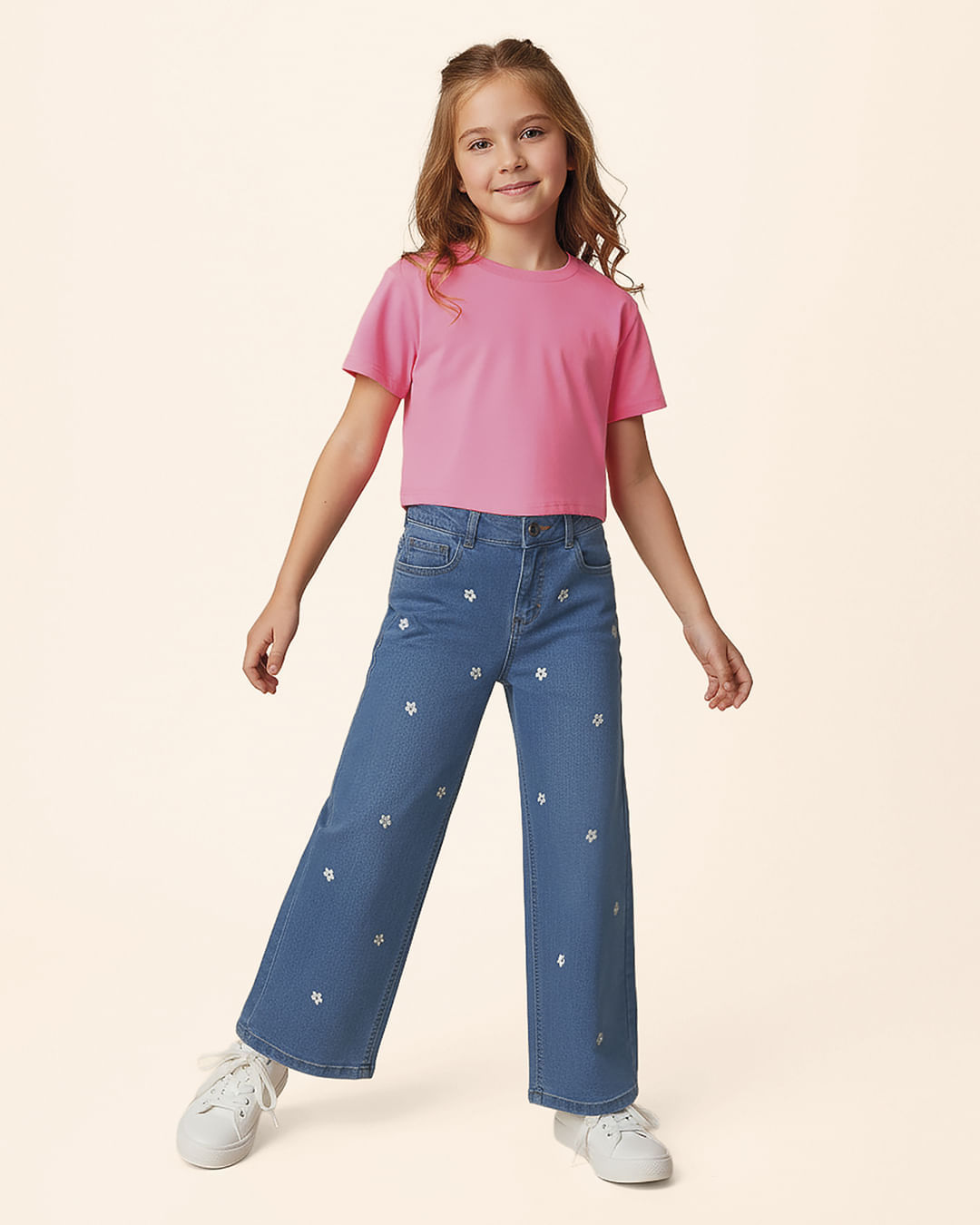 Calça Infantil Menina Wide Leg Com Bordado Em Jeans Stretch Malwee Kids