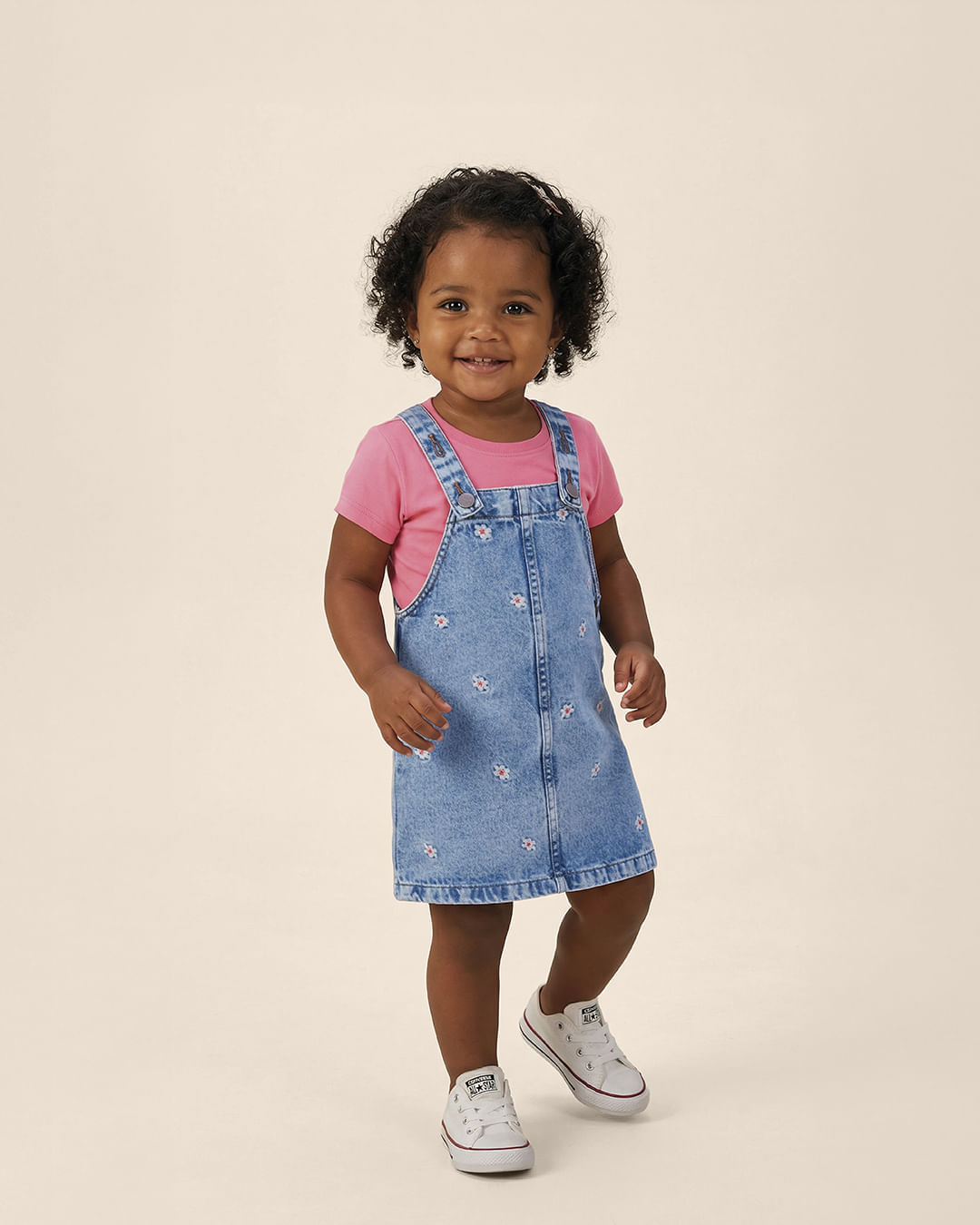 Vestido Salopete Infantil Estampa Florzinhas Jeans 100% Algodão Malwee Kids - Azul - 8