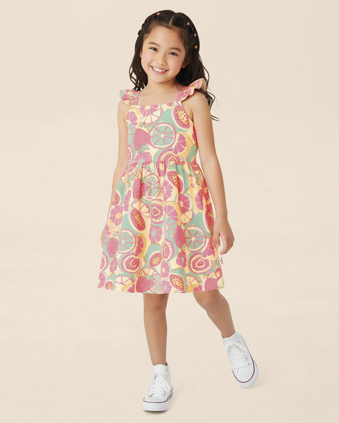 Vestido Infantil Estampa Digital Temática Frutas Em Algodão Malwee Kids - Amarelo - 4