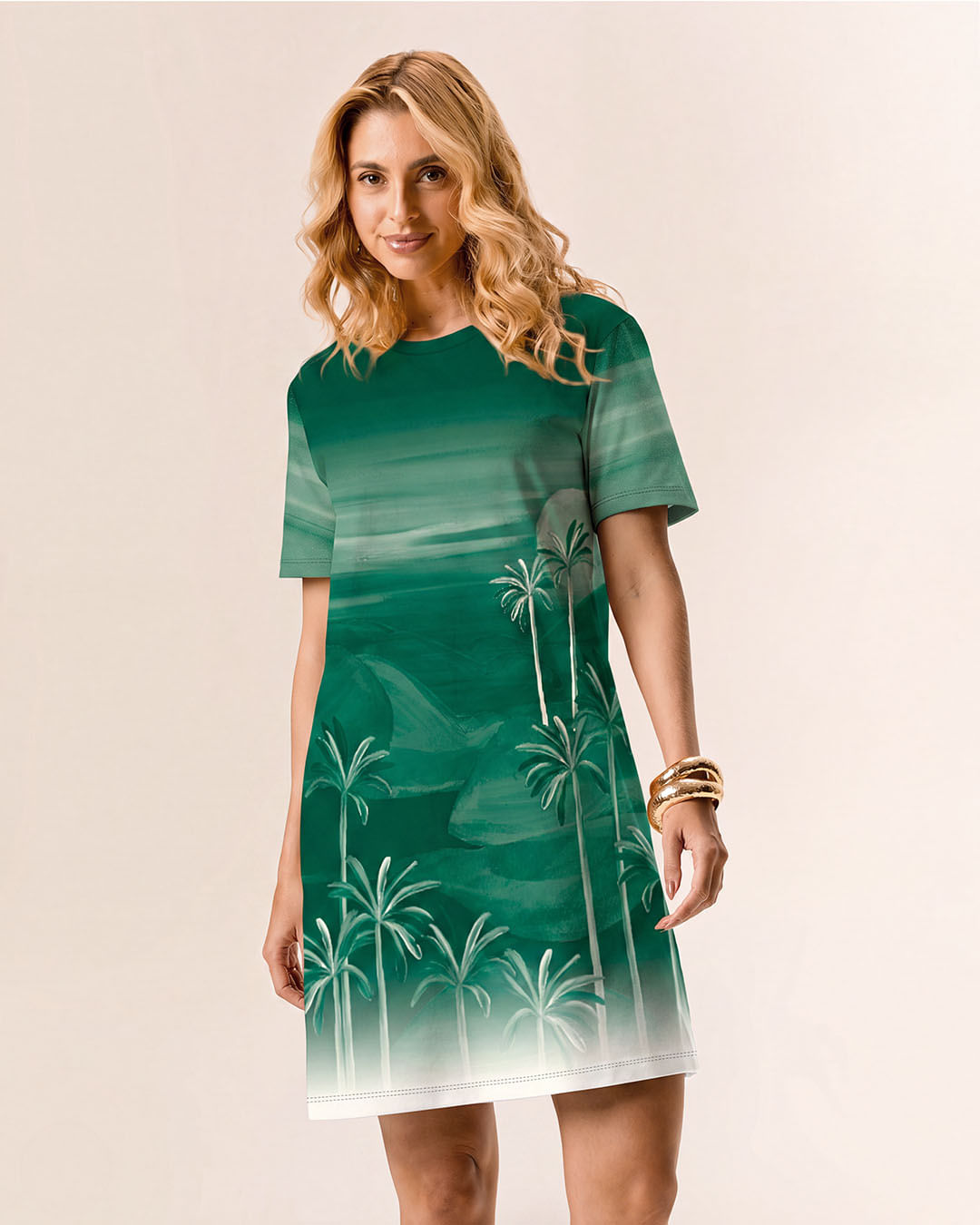 Vestido Feminino Curto Reto Estampa Palmeira Em Algodão
