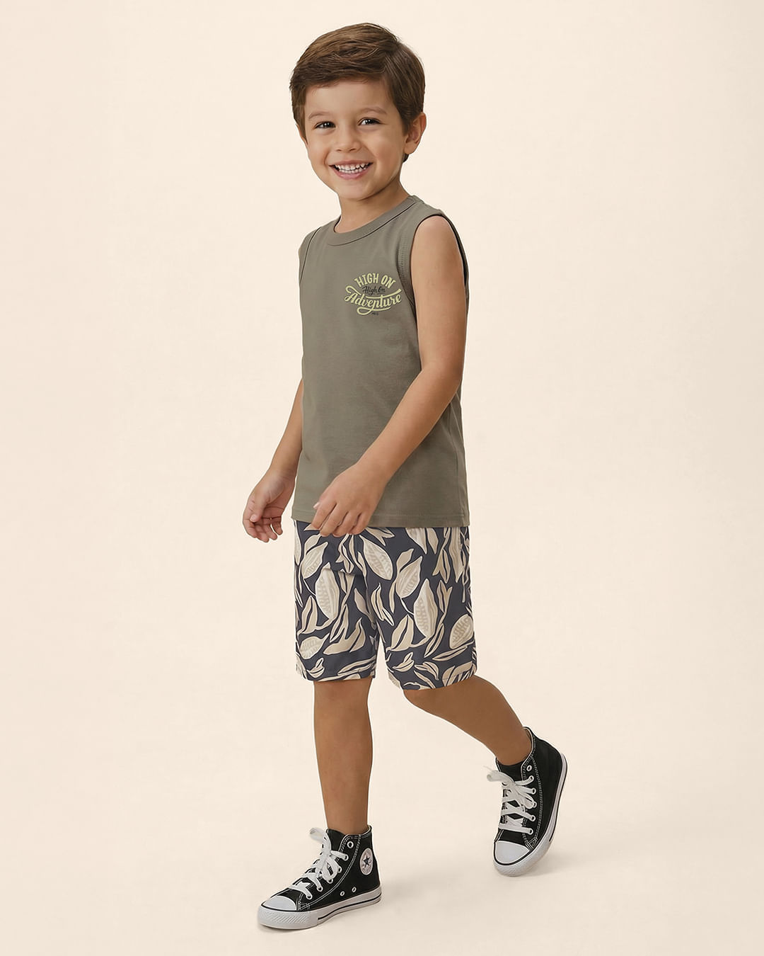 Conjunto Infantil Menino Regata E Bermuda Estampada Microfibra Malwee Kids - Marrom - 8