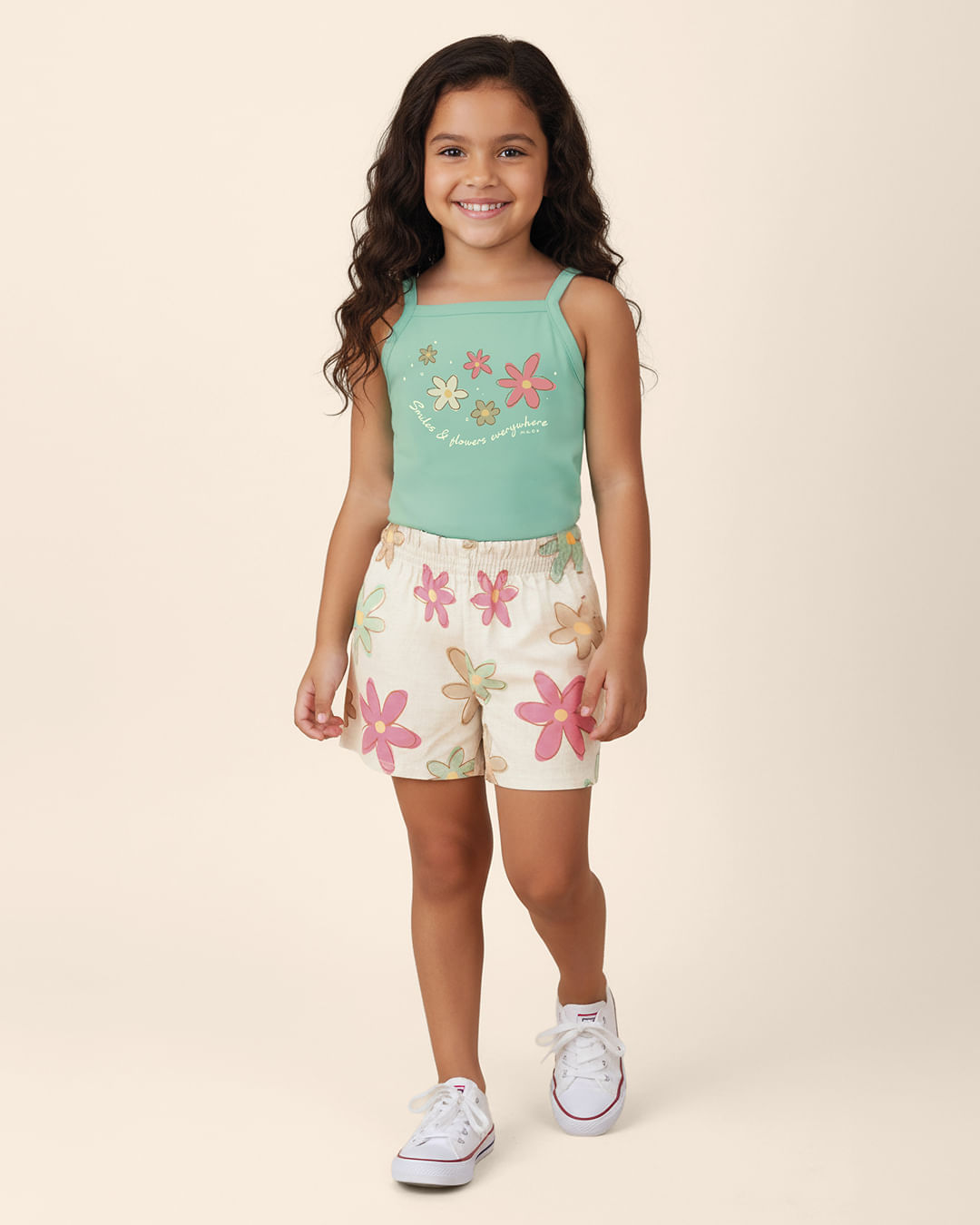Conjunto Infantil Menina Regata Decote Reto E Shorts Estampado Malwee Kids - Verde - 6