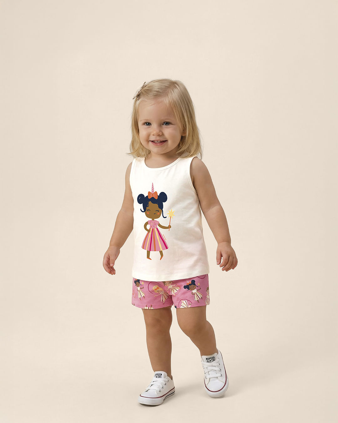 Conjunto Infantil Menina Regata Estampa Com Glitter E Shorts Malwee Kids - Off White - 6