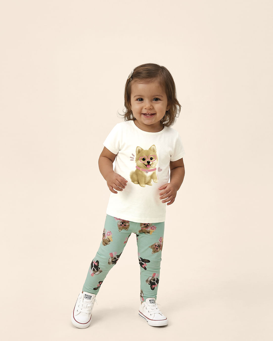 Conjunto Infantil Menina Estampa Cachorrinhos Em Algodão Malwee Kids - Off White - 6
