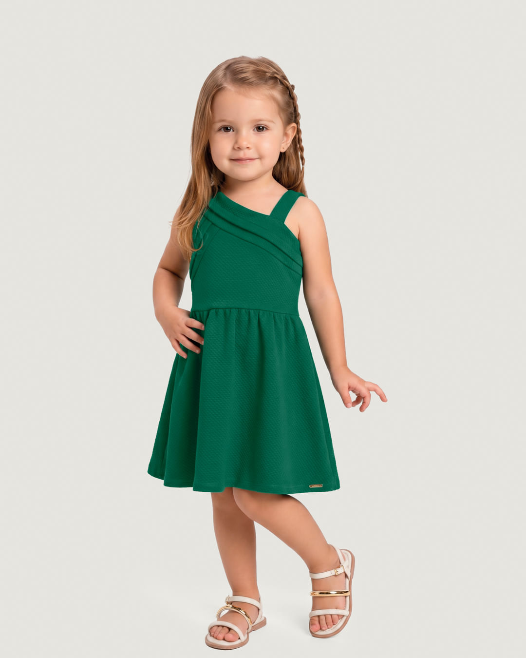 Vestido Menina Rodado Decote Assimétrico em Malha Texturizada - Carinhoso