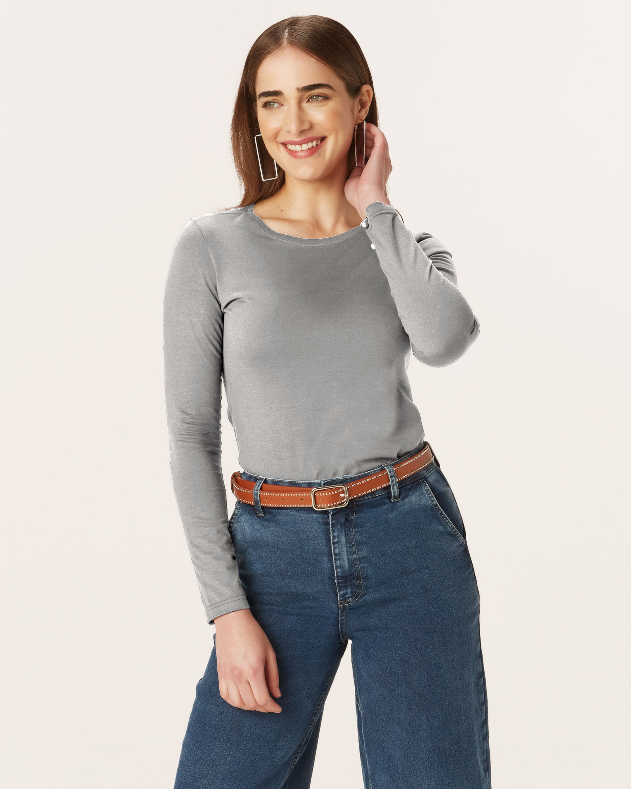 Blusa Básica Feminina Decote Redondo Manga Longa Em Algodão - Cinza - GG