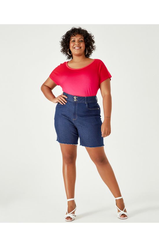 Bermuda Feminina Plus Size Abotoamento Duplo Em Jeans Com Elastano