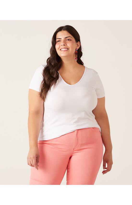 Blusa Básica Feminina Plus Size Decote V Em Viscose Stretch