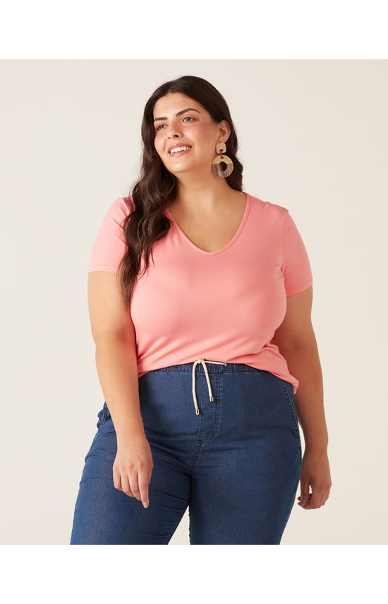 Blusa Básica Feminina Plus Size Decote V Em Viscose Stretch