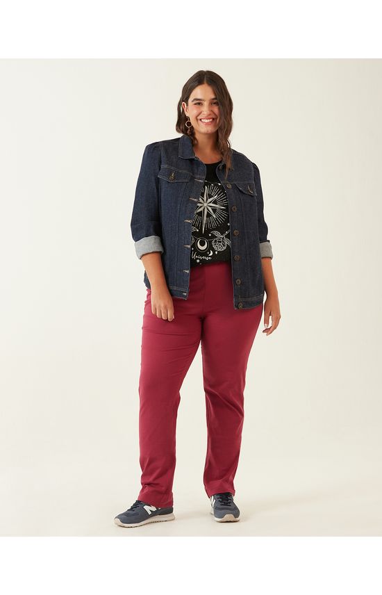 Calça Reta Básica Feminina Plus Size Cintura Média Em Algodão