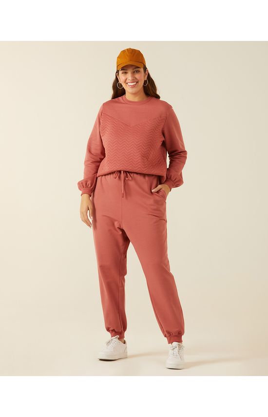 Calça Básica Feminina Plus Size Jogger Em Moletom Stretch Flanelado