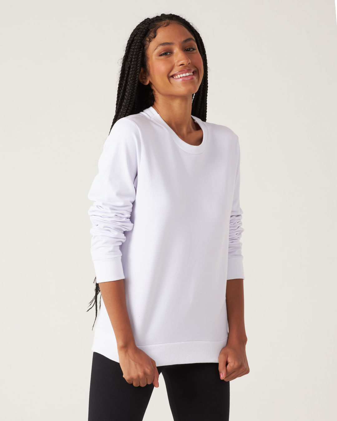 Blusão Básico Feminino Decote Redondo Em Moletom Stretch Flanelado