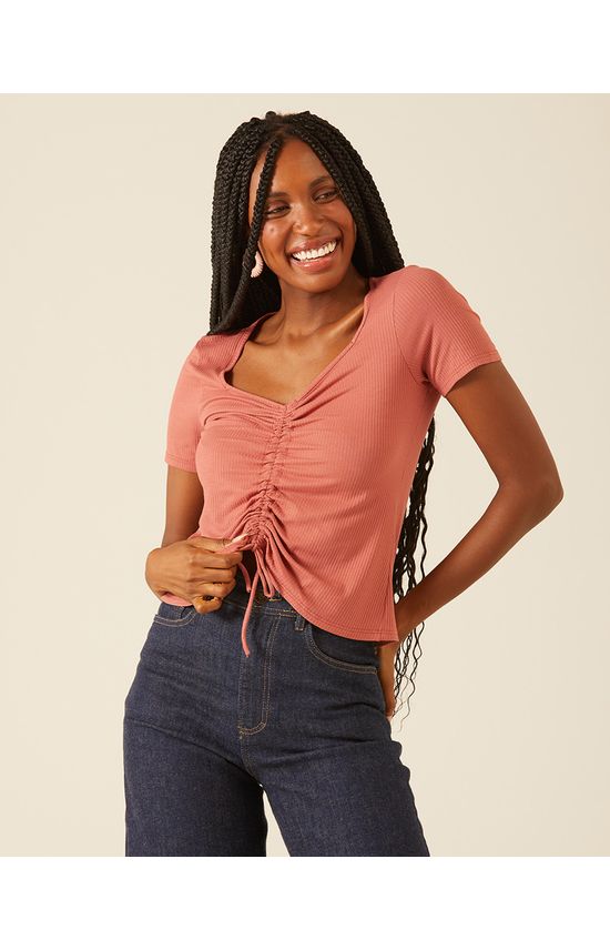 Blusa Feminina Com Franzido Frontal Em Malha Canelada