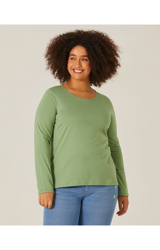 Blusa Básica Feminina Plus Size Manga Longa Em Algodão