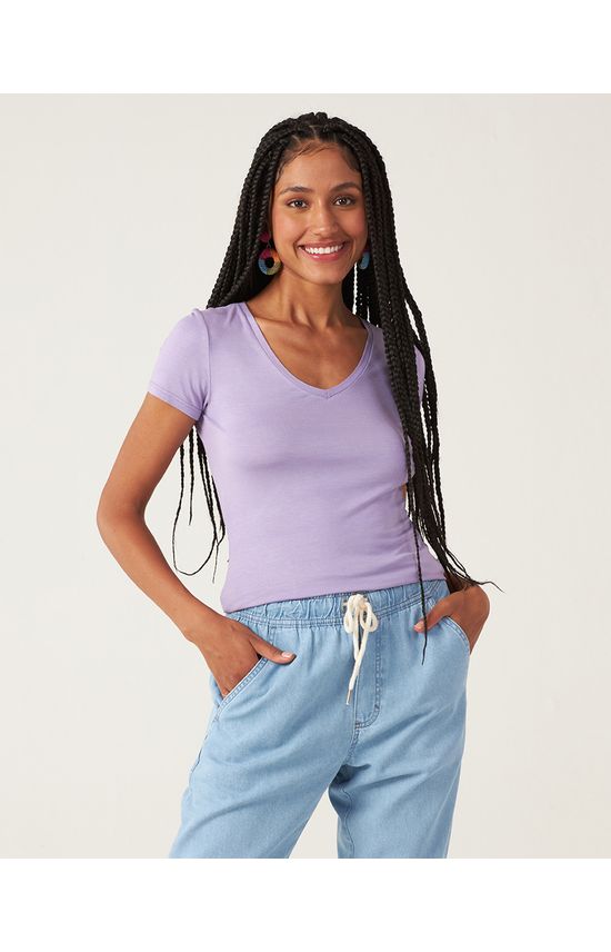Blusa Básica Feminina Decote V Em Viscose Stretch