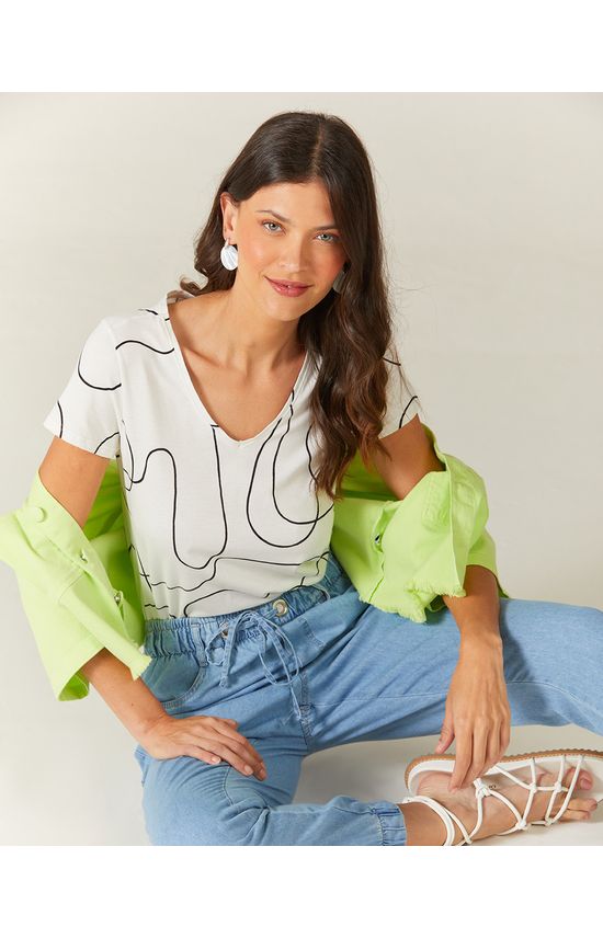 Blusa Feminina Linhas Abstratas Decote V Em Algodão