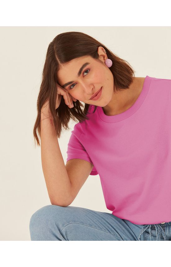 Blusa Básica Feminina Decote Redondo Com Pesponto Em Algodão