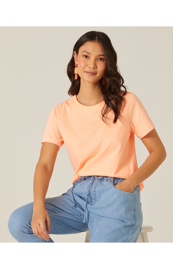 Blusa Básica Feminina Decote Redondo Com Pesponto Em Algodão
