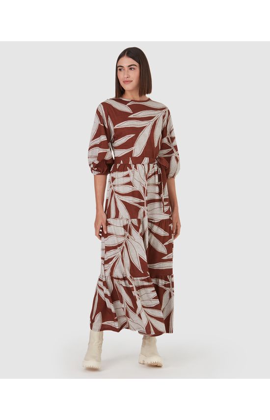 Vestido Midi Feminino Folhas Manga 3/4 Em Algodão