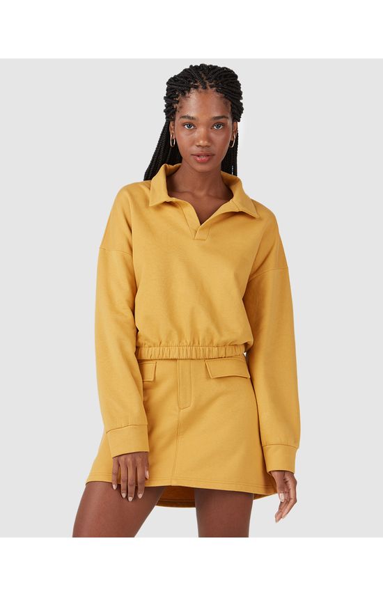 Blusão Long Cropped Feminino Gola Polo Em Moletom Flanelado