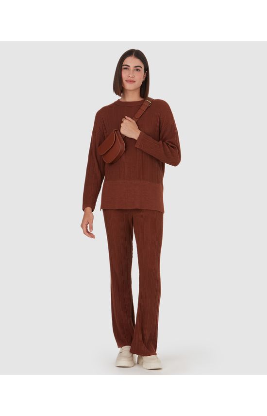 Calça Flare Feminina Em Tricô Canelado