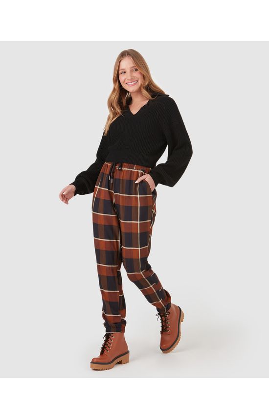 Calça Jogger Feminina Xadrez Cintura Média Em Viscose