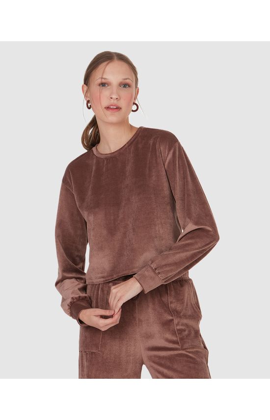 Blusa Básica Feminina Manga Longa Em Veludo Canelado