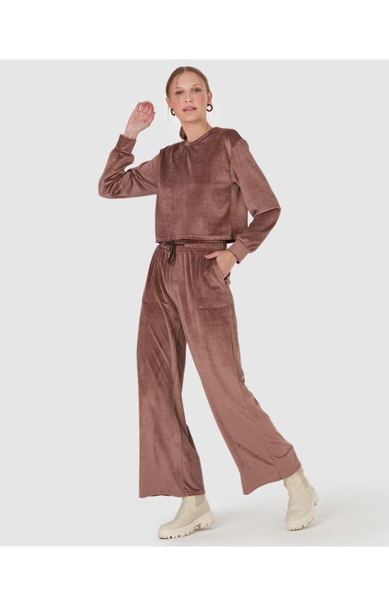 Calça Básica Feminina Wide Leg Em Veludo Canelado
