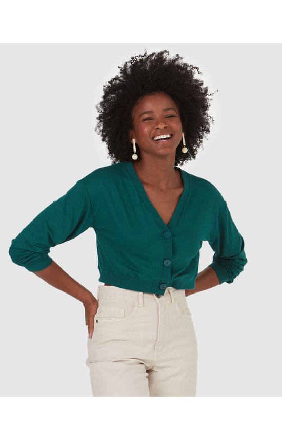 Cardigan Cropped Feminino Com Botões Em Moletinho De Viscose