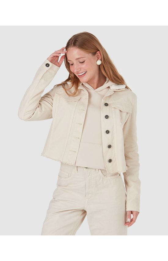 Jaqueta Cropped Feminina Gola Pelinho Removível Em Sarja