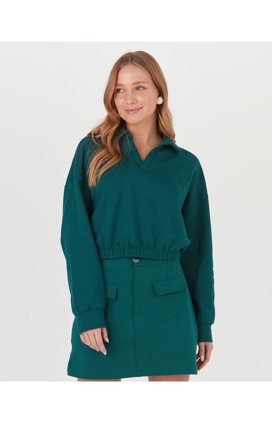Blusão Long Cropped Feminino Gola Polo Em Moletom Flanelado
