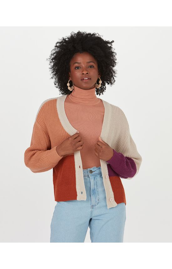 Cardigan Feminino Bloco De Cores Em Tricô