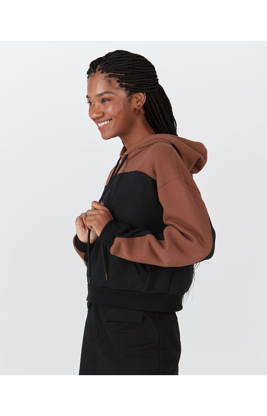 Blusão Feminino Bicolor Com Capuz Em Moletom Soft Flanelado