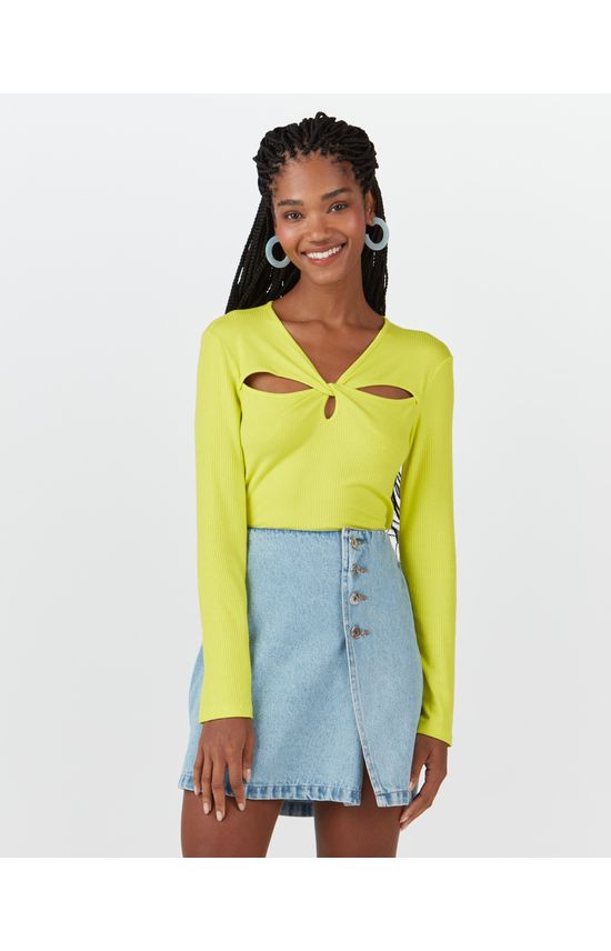 Blusa Cut Out Feminina Manga Longa Em Malha Canelada De Viscose