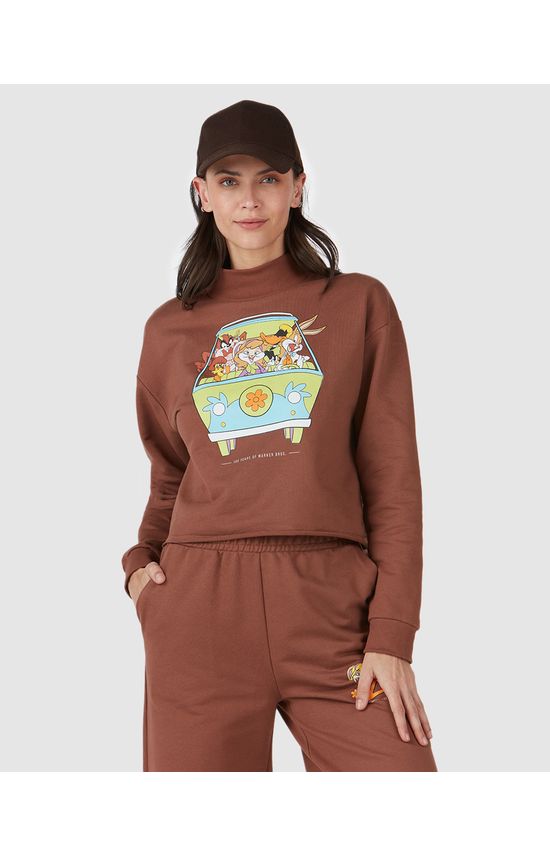 Blusão Cropped Feminino Gola Alta Looney Tunes Em Moletom Flanelado